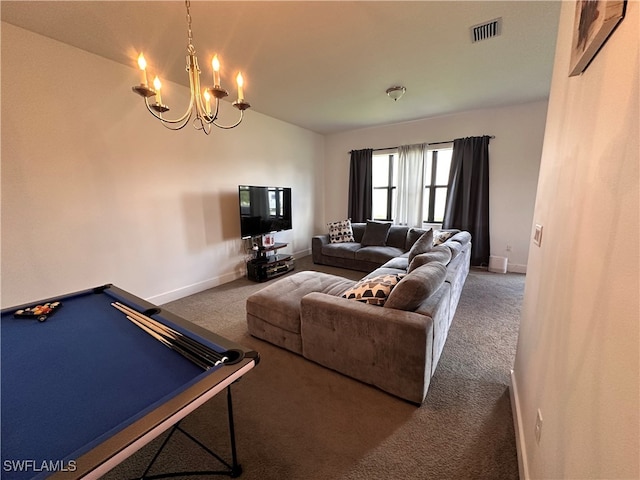 living room with a chandelier, pool table, and carpet floors