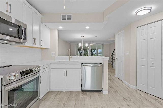 kitchen with stainless steel appliances, visible vents, white cabinetry, a sink, and a peninsula