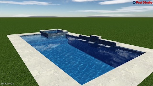 view of swimming pool featuring an in ground hot tub and a water view