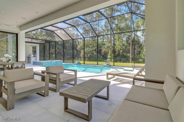 exterior space featuring glass enclosure, a patio area, a pool with connected hot tub, and an outdoor living space