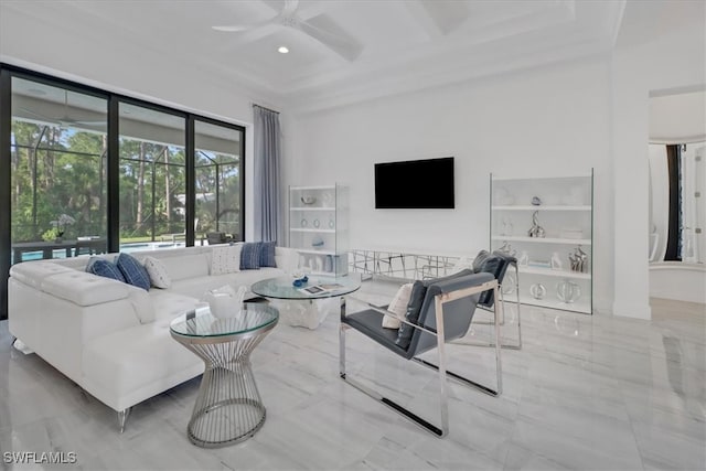 living area featuring beam ceiling, coffered ceiling, a ceiling fan, and recessed lighting