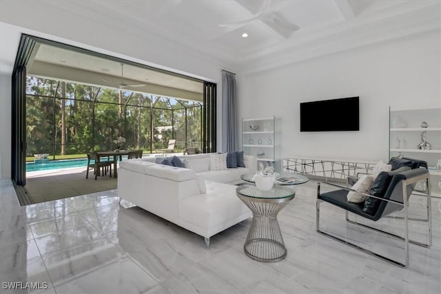 living room featuring a sunroom, coffered ceiling, a ceiling fan, and recessed lighting