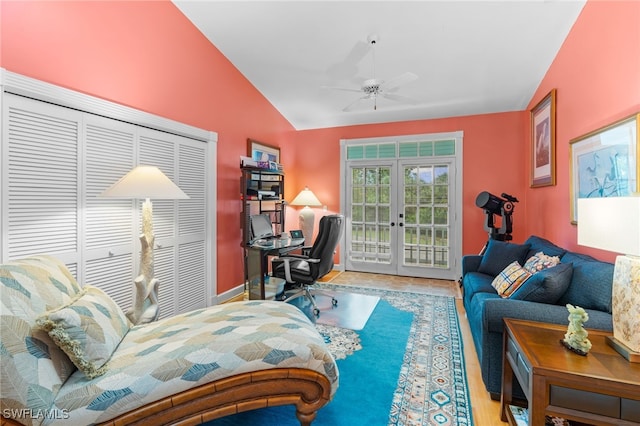 office space featuring french doors, vaulted ceiling, and ceiling fan