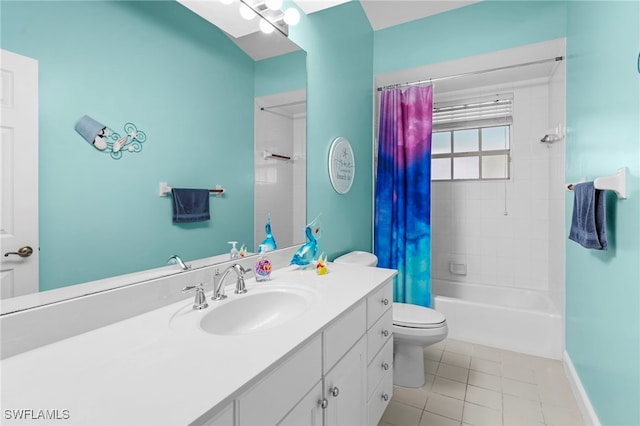 full bathroom featuring toilet, shower / bath combo, vanity, and tile patterned floors