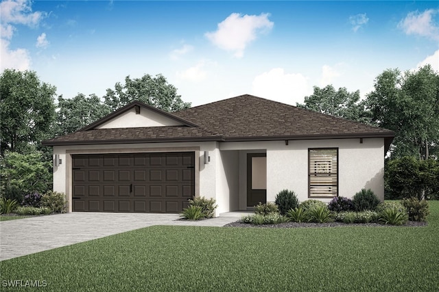 ranch-style home featuring a garage, a shingled roof, a front yard, and stucco siding