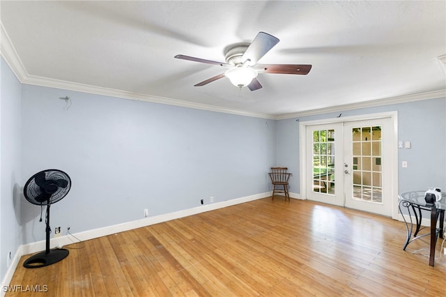 interior space with crown molding, french doors, light hardwood / wood-style flooring, and ceiling fan