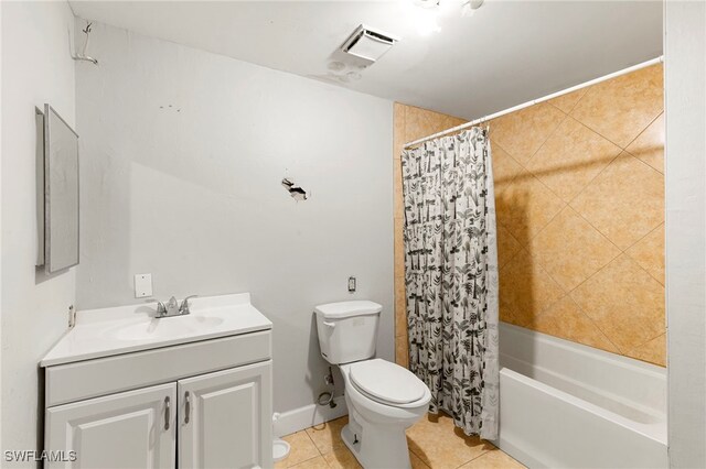 bathroom with visible vents, toilet, tile patterned floors, shower / bathtub combination with curtain, and vanity