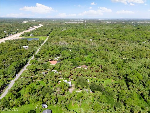 bird's eye view featuring a water view and a view of trees