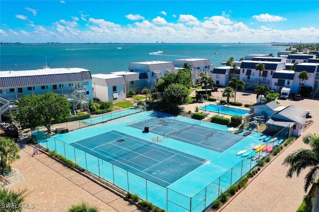 bird's eye view with a water view