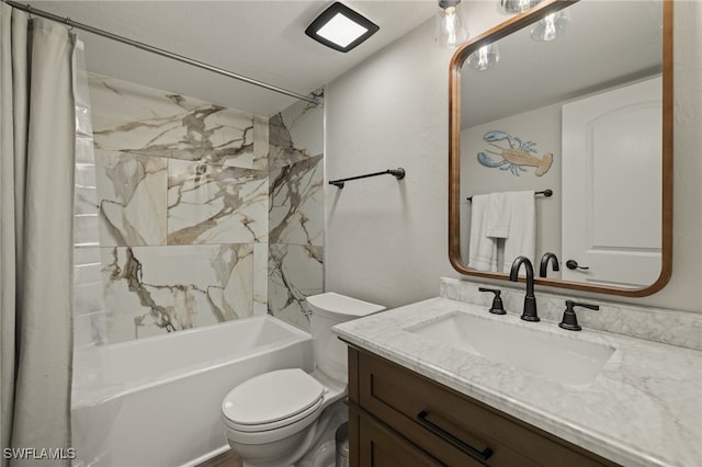 full bathroom featuring toilet, shower / tub combo, and vanity