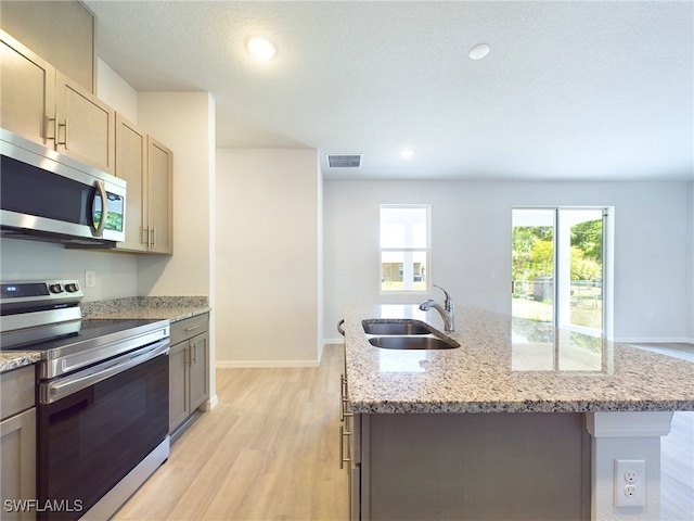 kitchen featuring appliances with stainless steel finishes, a center island with sink, light wood-type flooring, and sink