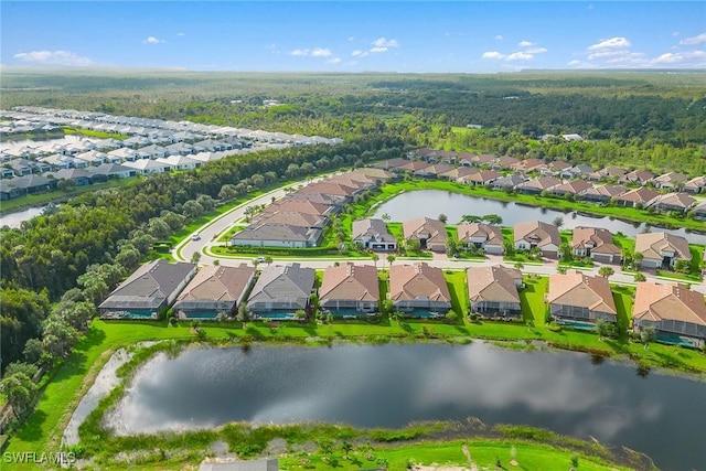 aerial view with a water view and a residential view