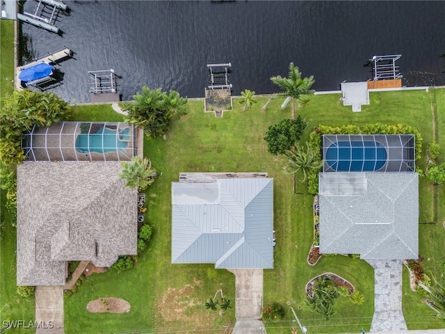 drone / aerial view featuring a water view