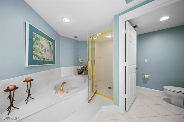 bathroom with toilet, independent shower and bath, and tile patterned flooring