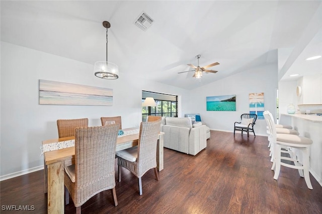 1610 Sabal Sands Rd, Sanibel, FL 33957 - dining room with wood finished floors, visible vents, baseboards, ceiling fan, and vaulted ceiling
