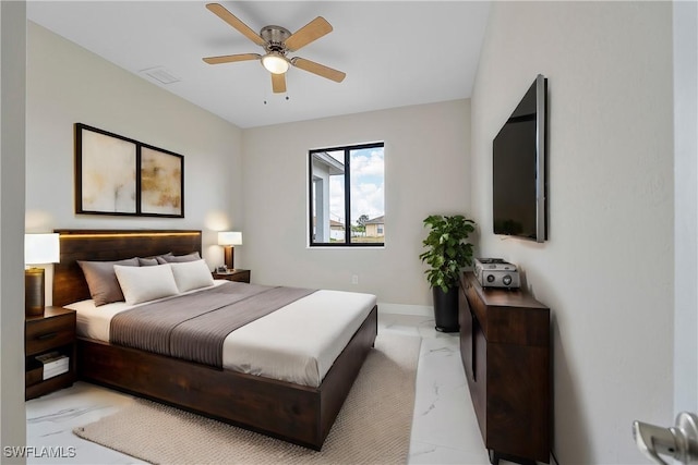516 Kilarney Ave S, Lehigh Acres, FL 33974 - bedroom with visible vents, a ceiling fan, marble finish floor, and baseboards