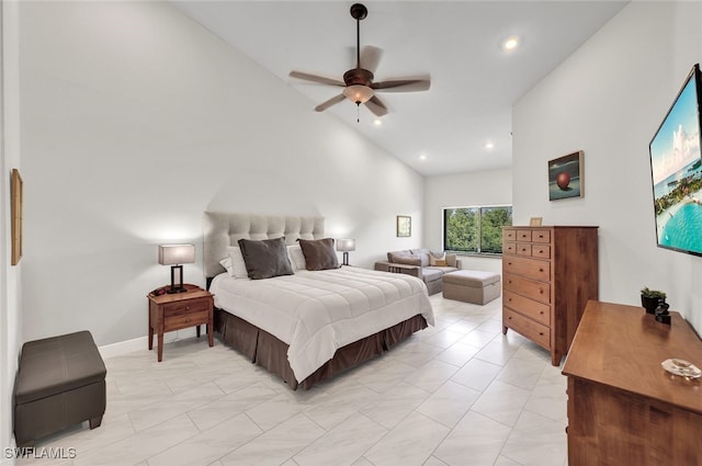 bedroom featuring ceiling fan, high vaulted ceiling, baseboards, and recessed lighting