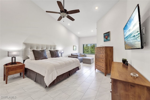 bedroom featuring ceiling fan, high vaulted ceiling, and recessed lighting