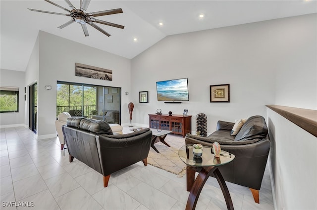 living room featuring high vaulted ceiling and ceiling fan