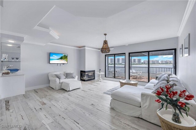 living room featuring ornamental molding, a tray ceiling, and light hardwood / wood-style floors