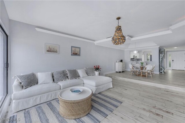 living room featuring crown molding and light hardwood / wood-style floors