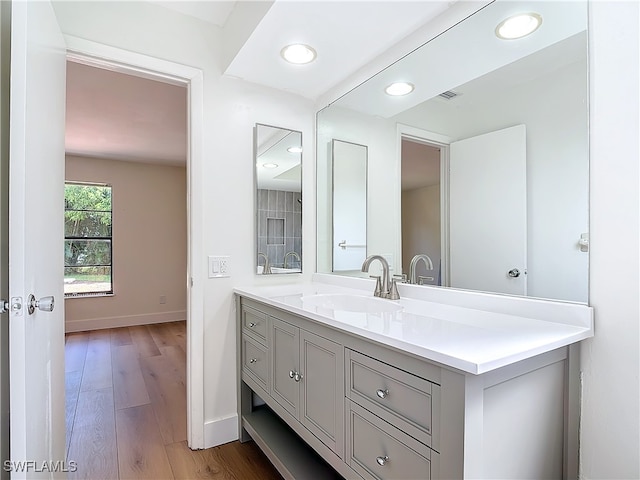 bathroom featuring hardwood / wood-style flooring and vanity