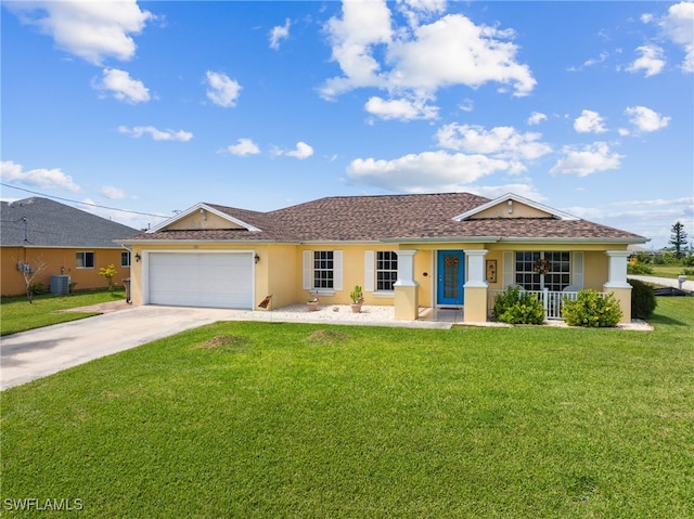 single story home featuring a front lawn, central air condition unit, and a garage