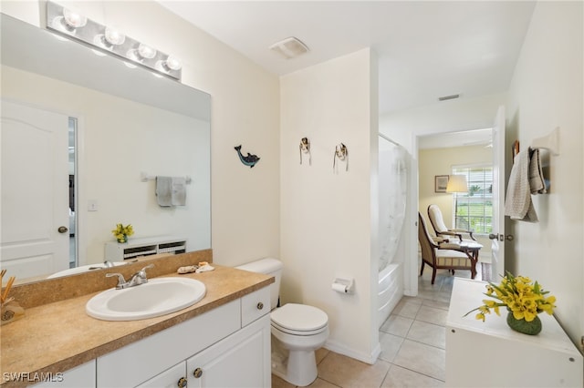 full bathroom featuring shower / bath combination with curtain, vanity, toilet, and tile patterned floors