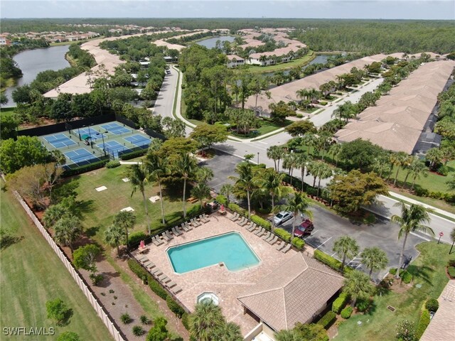 aerial view featuring a water view