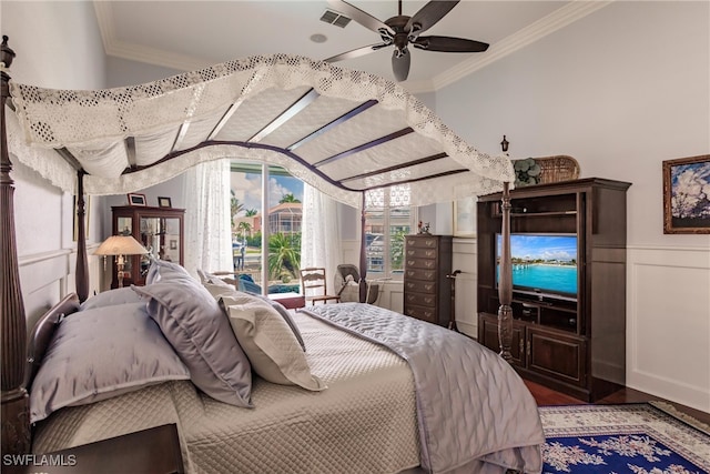 bedroom with ceiling fan, crown molding, hardwood / wood-style flooring, and access to exterior