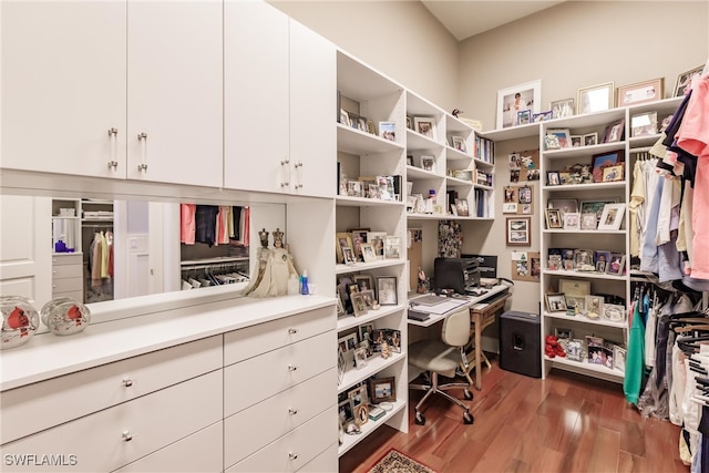 walk in closet with dark hardwood / wood-style floors