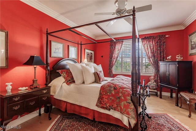 carpeted bedroom featuring ceiling fan and ornamental molding