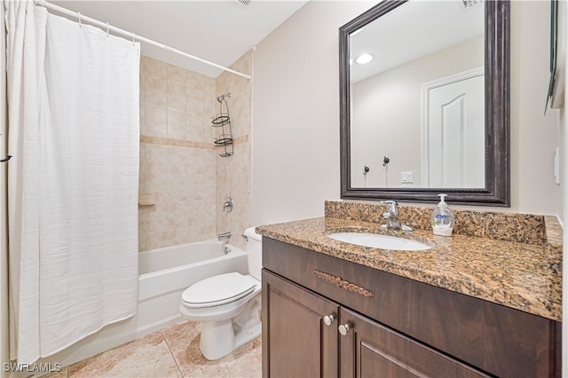 full bathroom with vanity, shower / bath combination with curtain, toilet, and tile patterned flooring