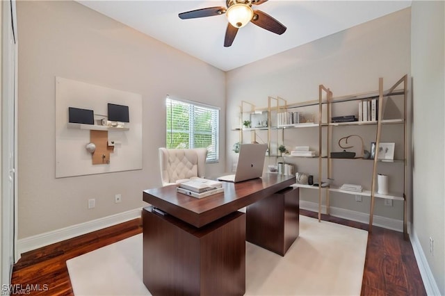 home office featuring a ceiling fan, baseboards, and dark wood-type flooring