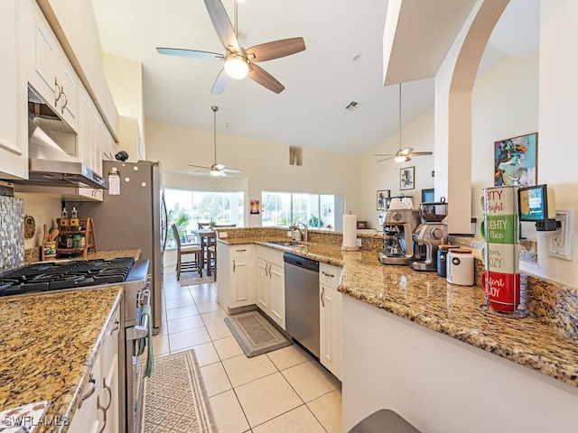 kitchen with ceiling fan, light stone countertops, appliances with stainless steel finishes, and white cabinetry