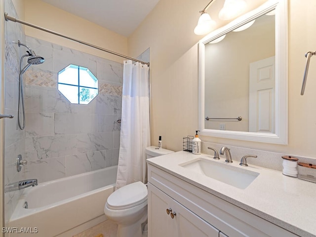 full bathroom with vanity, toilet, and shower / tub combo with curtain