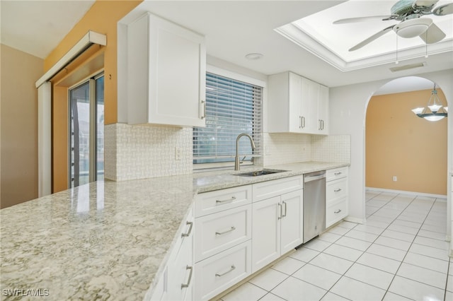 kitchen featuring stainless steel dishwasher, sink, decorative backsplash, ceiling fan, and white cabinets