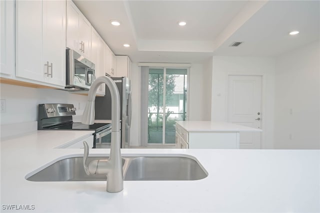 kitchen featuring white cabinets, stainless steel appliances, kitchen peninsula, and a tray ceiling