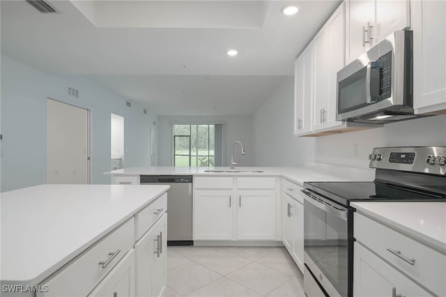 kitchen featuring sink, white cabinetry, appliances with stainless steel finishes, and light tile patterned flooring