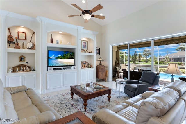 tiled living area featuring built in features, recessed lighting, high vaulted ceiling, and a ceiling fan