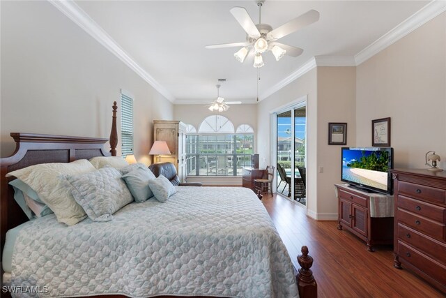 bedroom featuring ceiling fan, dark hardwood / wood-style flooring, crown molding, and access to exterior