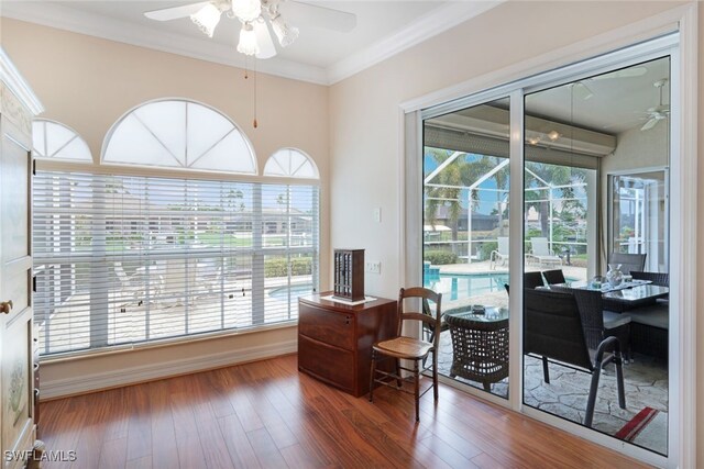 office space featuring crown molding, a healthy amount of sunlight, ceiling fan, and dark hardwood / wood-style floors