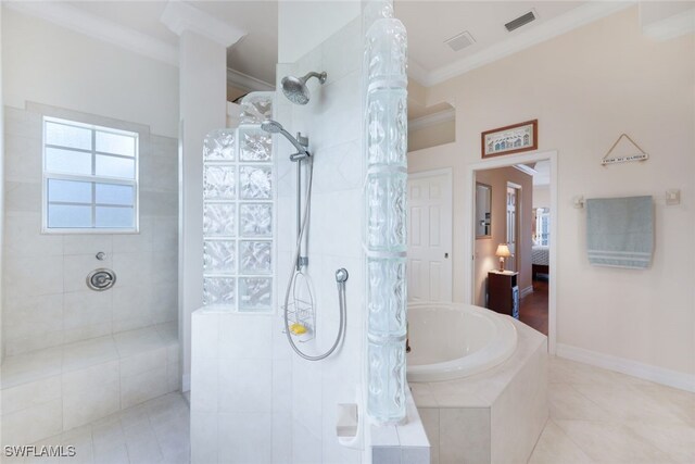 bathroom featuring crown molding, plus walk in shower, and tile patterned flooring