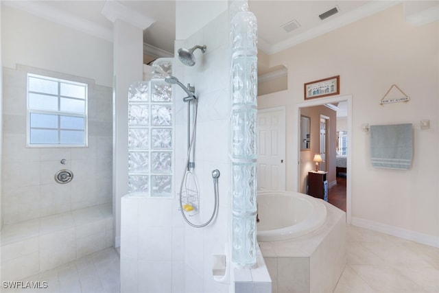 bathroom featuring visible vents, a garden tub, a walk in shower, connected bathroom, and crown molding