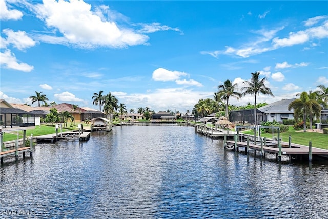 property view of water featuring a residential view and a boat dock