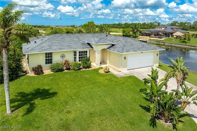 ranch-style house with a garage and a front yard