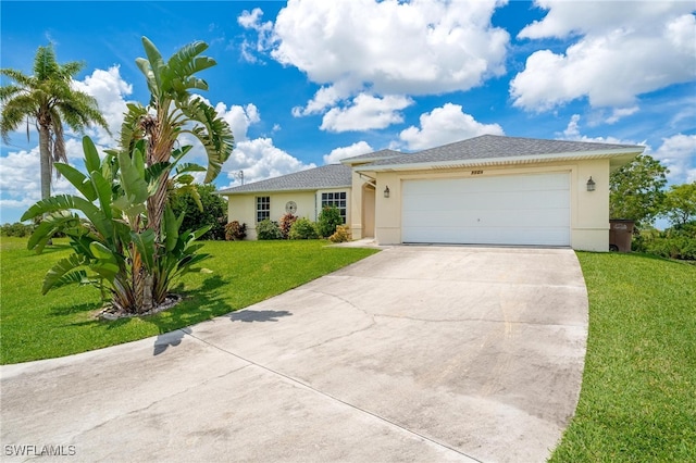 ranch-style house with a garage and a front lawn