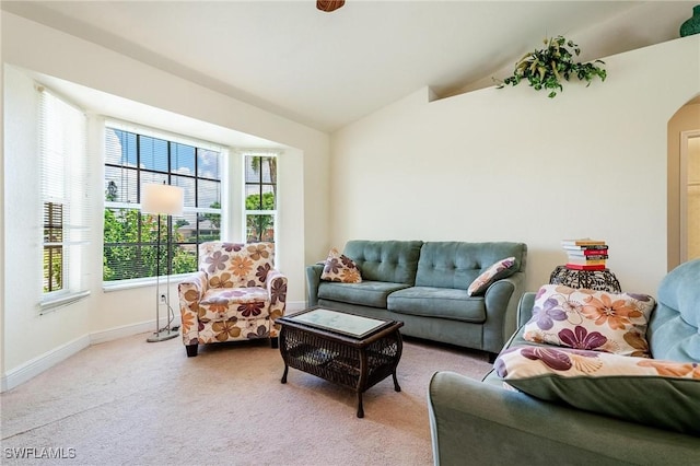 carpeted living room featuring lofted ceiling and a wealth of natural light