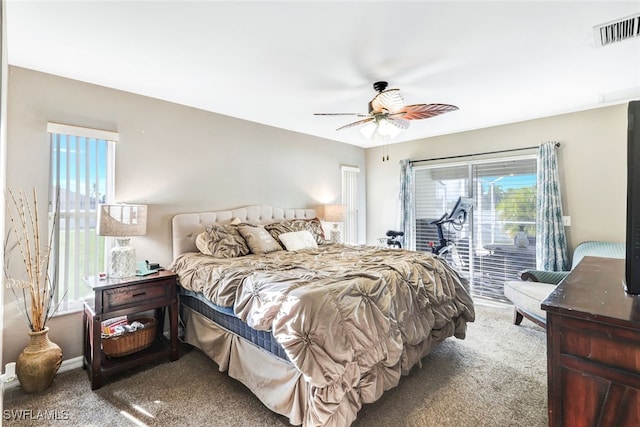 bedroom with access to outside, carpet flooring, and ceiling fan