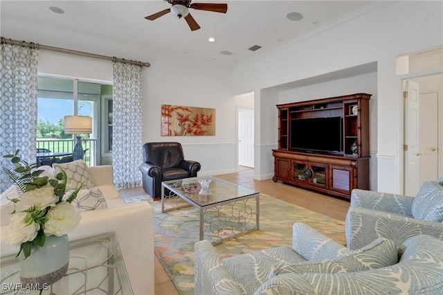 living room with recessed lighting, visible vents, and ceiling fan